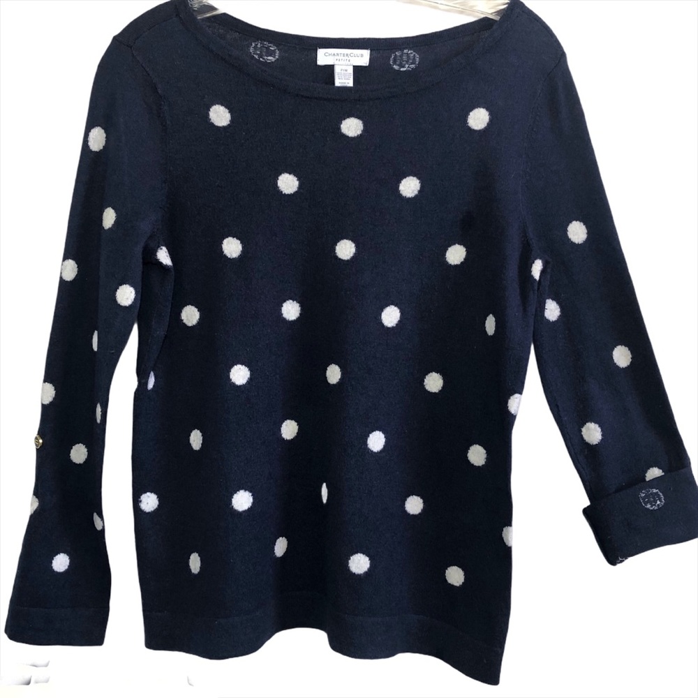 Charter Club navy blue & white polka dot sweater size petite medium